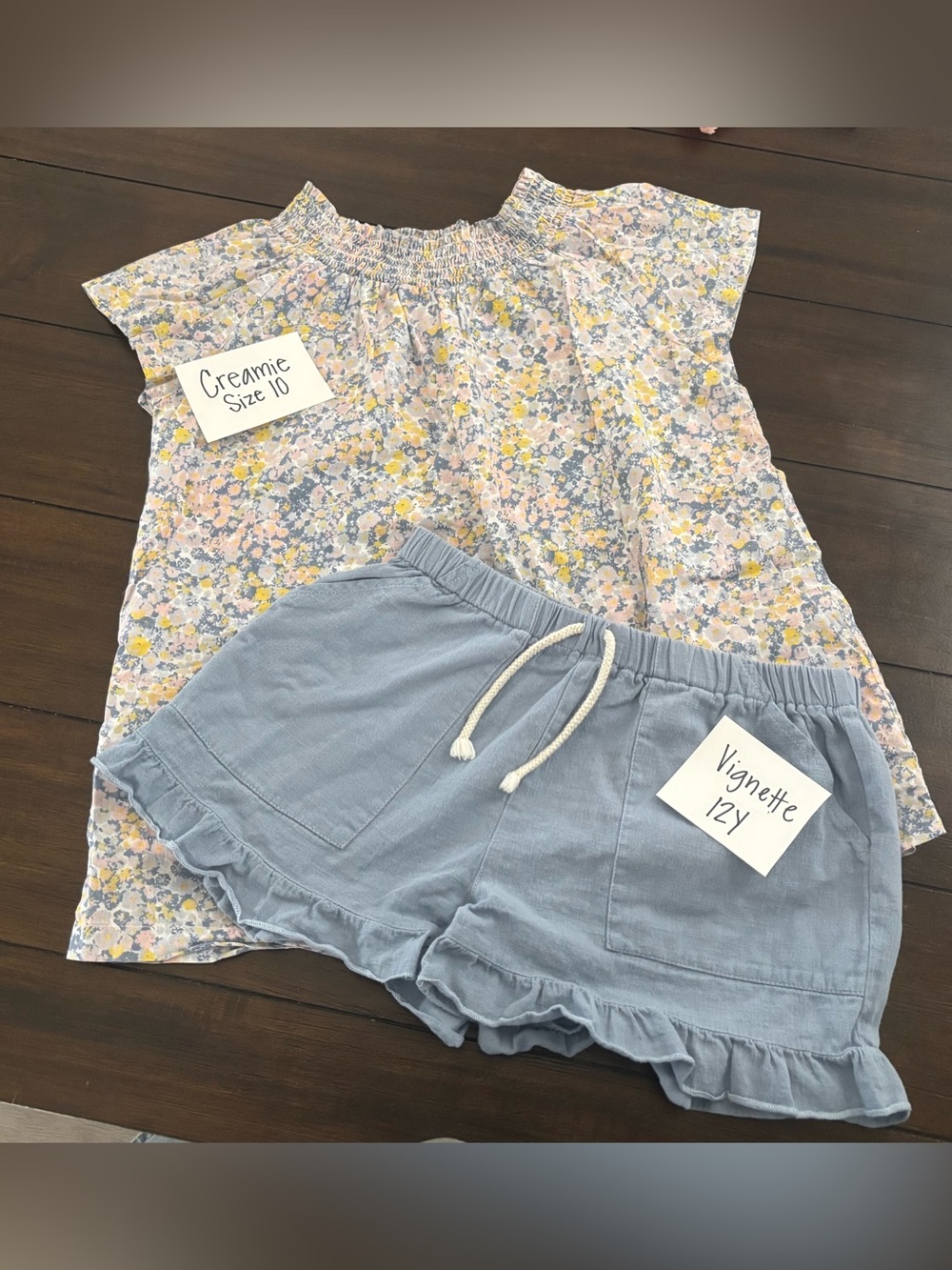 Girls Creamie Floral Smocked Neck Top and Vignette Light Blue Ruffle Shorts Set